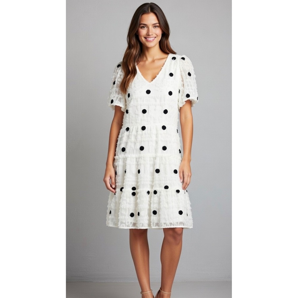 NWT Polka Dot Eyelash Fringe Cream Tiered Dress V-Neck Puff Sleeve Cream Med 6 8 - Picture 16 of 16